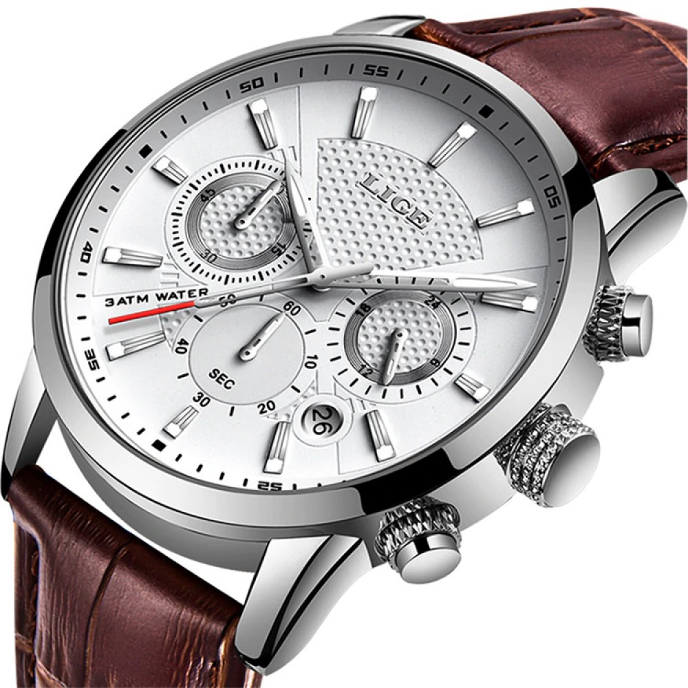 Мужские наручные часы LIGE 9866 Белые с коричневым ремешком