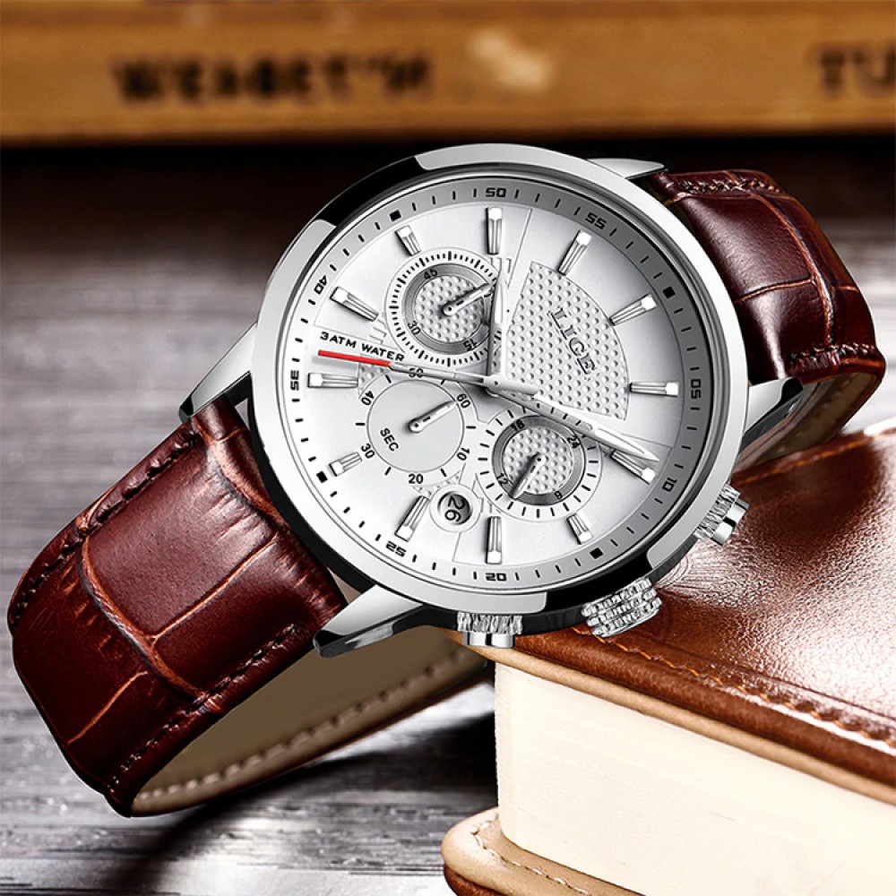 Мужские наручные часы LIGE 9866 Белые с коричневым ремешком