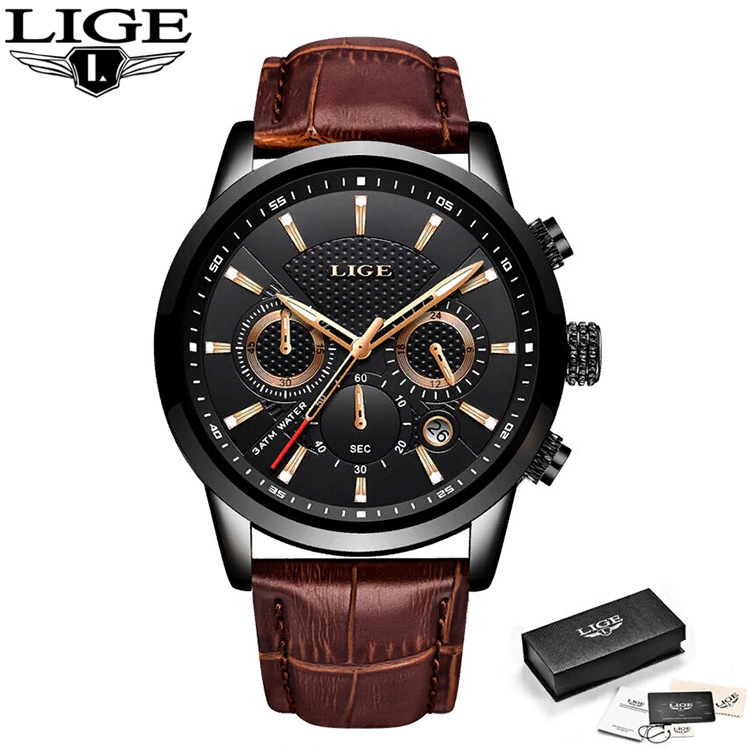 Мужские наручные часы LIGE 9866 Чёрные с коричневым кожаным ремешком