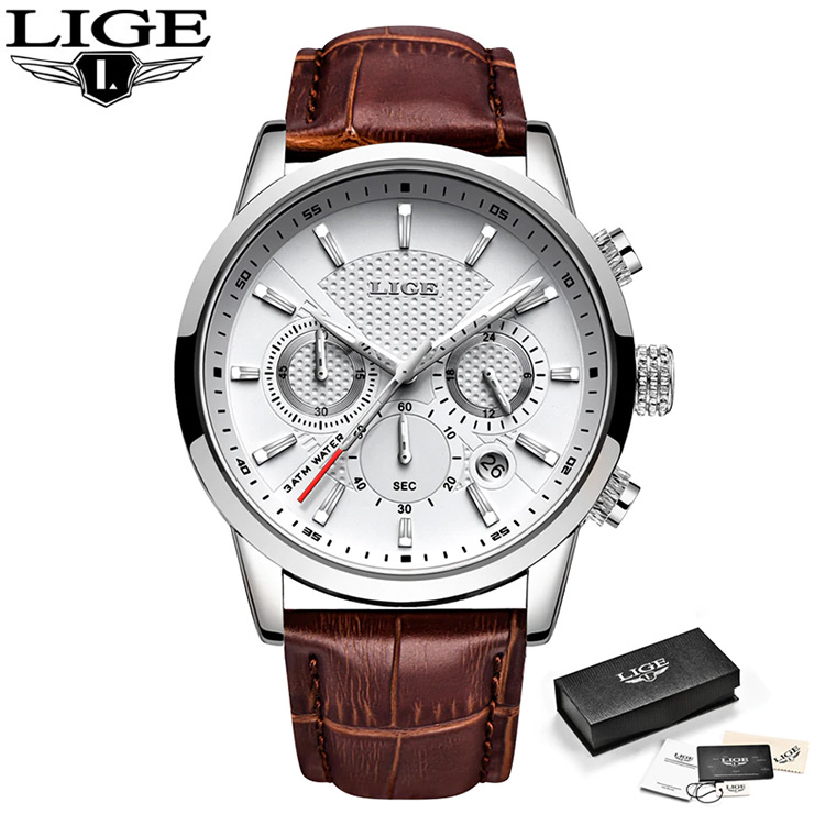 Мужские наручные часы LIGE 9866 Белые с коричневым кожаным ремешком